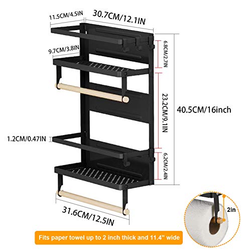 Magnetic Spice Rack,4 Tier Kitchen Magnetic Shelf for Refrigerator Fridge Organizer with 2 Paper Towel Holders and 5 Removable Hooks,Matte Black - view 3