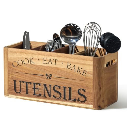 Utensil Holder for Kitchen Countertop - Extra Large 4 Compartment Wooden Organizer in Acacia Wood, Storage for Cooking Tools and Cutlery, Farmhouse Style for Home Cooking - view 5