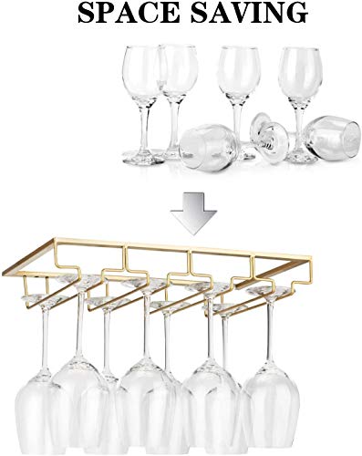 Wine Glass Rack - Under Cabinet Stemware Wine Glass Holder Glasses Storage Hanger 2 Pack Metal Organizer for Bar Kitchen 4 Rows Gold - view 2