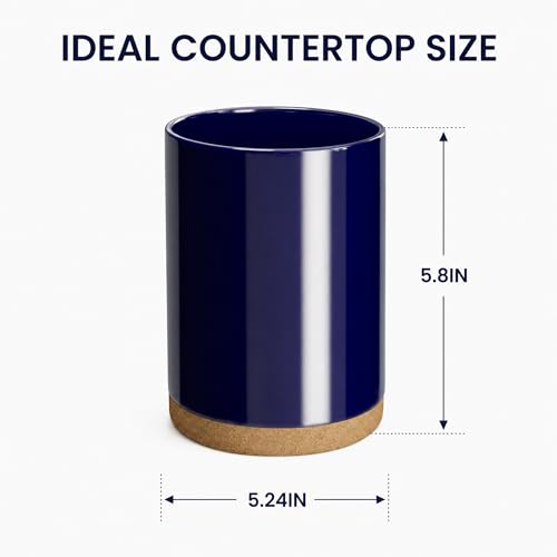 Ceramic Kitchen Utensil Holder for Countertop, Modern Crock with Non-Slip Cork Base, Counter Organizer for Cooking Tools, Blue - view 2