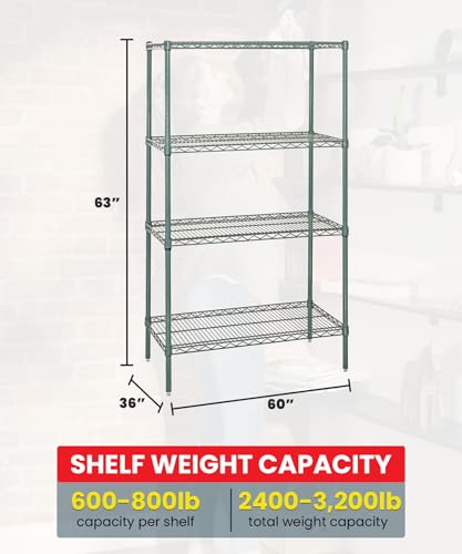 WR63-3660P 4-Shelf Wire Shelving Unit, NSF-Certified Heavy-Duty Adjustable Rack for Garage, Warehouse & Workshop, 60" W x 36" D x 63" H, 600-800 lbs Per Shelf, Green Epoxy - view 3