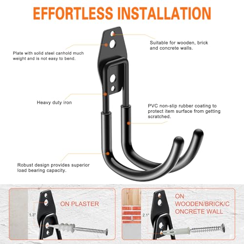 Heavy Duty Garage Hooks 4 Pack, J Shaped Hanger, Wall Mounted Storage System, Power and Garden Tool Organizer, for Hanging Ladders, Bikes Tires, Hose, Bulk Items - view 3