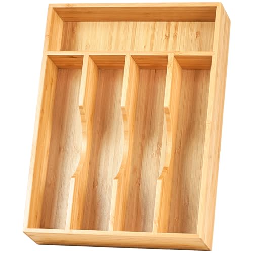 Bamboo Kitchen Drawer Organizer, 9 Inch Silverware Utensils Tray Holder for Small Drawer, Wood Caddy for Flatware Cutlery Knives
