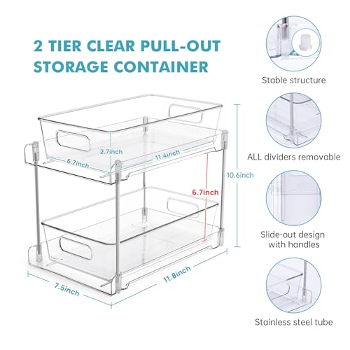2 Pack Clear Bathroom Organizers and Storage, 2 Tier Pull Out Under Sink Cabinet Organizer Plastic Drawer Organization and Storage for Bathroom and Kitchen - view 2