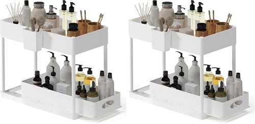 Under Sink Organizers and Storage, Bathroom Cabinet Organizer, Sink Shelf with Utility Hooks and Side Caddy for Under Cabinet Storage | Under Kitchen Sink Organizer with Sliding Drawer, White (2-Pack)