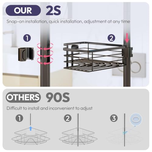 Shower Caddy Tension Pole - 4-Tier Corner Shower Organizer Tension Rod with Soap Holder, Toothbrush Holder & 4 Hooks, Adjustable Stainless Steel Bathroom Organizer 27.6 to 108.3 inch, Black - view 3