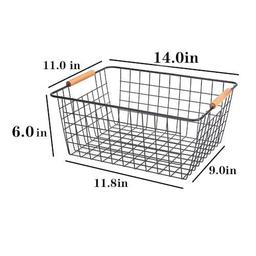 Large black wire basket for Organizing with Wooden Handles,pantry refrigerator organizers and storage,Snack Storage Baskets for Cabinets, Closets, Bedrooms, kitchen -2pack（Black） - view 2