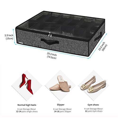 Sturdy Under Bed Shoe Storage Organizer, Set of 2, Fit 12 to 24 Pairs, Underbed Shoes Closet Storage Solution with Clear Window, Breathable, L29.3 x W23.6 x H5.9, Linen-like Black, MXAUBSB2P - view 2