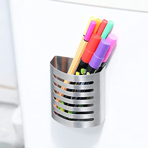 2 Pack Magnetic Modern Pen and Pencil Holder, Metal Writing Utensil Storage Organizer for Kitchen, Locker, Home, or Office, 3.25" x 1.75" x 3.50", Brushed Stainless Steel - view 3