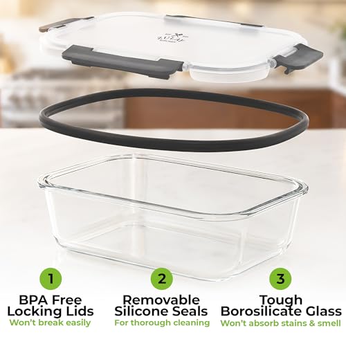 5 Piece Large 36oz Glass Storage Container Sets with Lids - Premium BPA Free Borosilicate Glass Food Storage Containers - Leak-Proof Meal Prep - Microwave, Freezer & Oven Safe - Gray - view 6