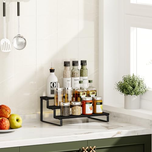 3 Tier Spice Rack, Cabinet Organizer Shelf, Wooden Spice Rack for Countertop, Kitchen Counter Storage Shelves Cupcake Stand Holder Display Stand, Black - view 2
