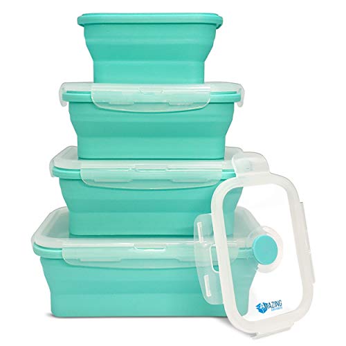Collapsible Silicone Food Storage Container Set of 4 with Lids | Stackable | Microwaveable | Freezer, Dishwasher Safe| BPA Free