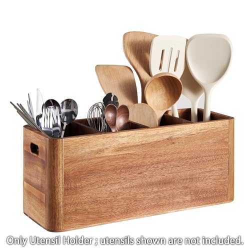 16" Wooden Kitchen Utensil Holder, Extra Large Acacia Wood Organizer for Cooking Tools, Utensils & Cutlery Storage – 4-Compartment Countertop Holder - view 6