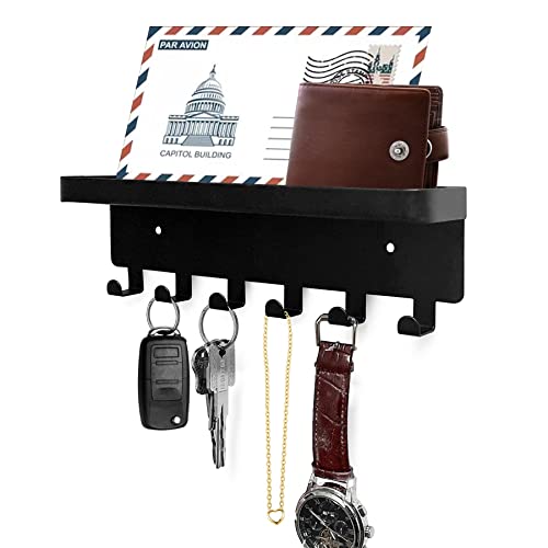 Key Holder for Wall Key Hooks with Tray and 6 Hooks, Wall Mounted Key Holder for Hallway, Key Rack with Shelf for Mail Storage (Black)
