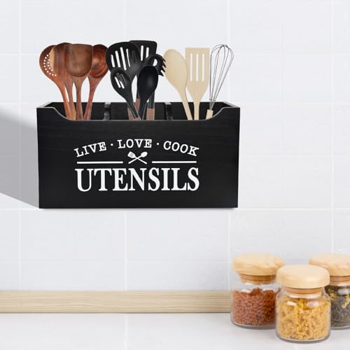 Kitchen Utensil Holder with Drainage Bottom, Large 3 Compartments Solid Real Wood Utensil Organizer for Kitchen Counter, Farmhouse Cooking Tools Storage for Countertop, Black - view 3