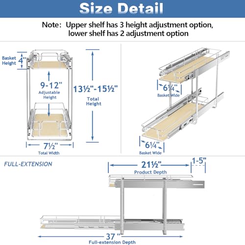 2 Tier Individual Pull Out Cabinet Organizer 7½"W x 21½"D, Slide Out Wood Shelves Organizers, Pull Out Drawers Organization and Storage for Kitchen Cabinet - view 3