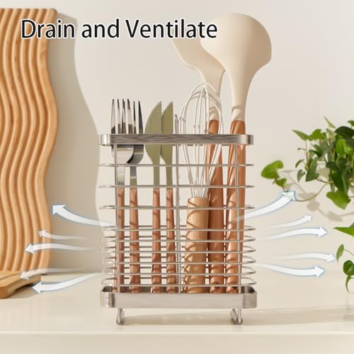 Kitchen Utensil Drying Rack, 18/8 Stainless Steel Chopsticks Spoon Fork Knife Basket Flatware Storage Drainer, Cutlery Holder for Kitchen Counter （6.1x2.95x6.5 inch） - view 5