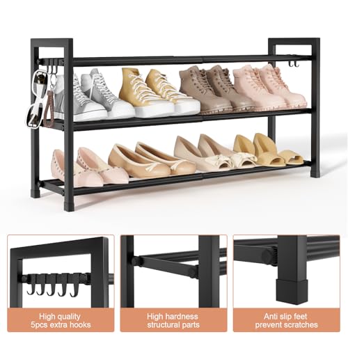 3-Tier Expandable Shoe Rack for Closet, Adjustable 18"-33" Metal Shoe Organizer for 12 Pairs, Shoe Shelf for Small Spaces, Entryway, Bedroom with 5 Hooks - view 5