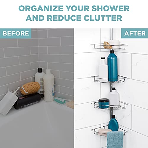Tension Pole Shower Caddy, Adjustable Corner Shower Storage System with 4 Baskets and Built in Towel Bar, Rust-Resistant Bathroom Organization Solution, 60 to 97 Inch, Chrome - view 3