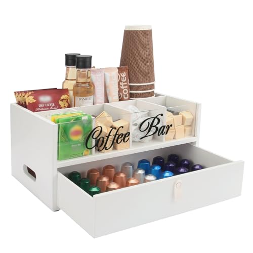 2-Tier Coffee Bar Organizer with Clear Acrylic Top, Built-in Drawer and Leather Handle Pull for Countertop, Stylish Coffee Station Storage Box for Accessories, Pods, Great Gifts for Home