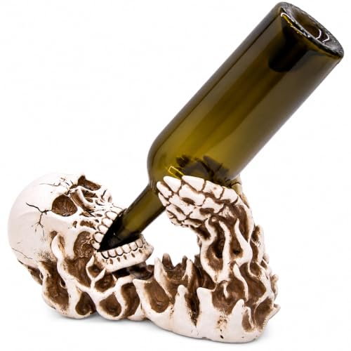 Gothic Skeleton Wine Bottle Holder – Skull Wine Rack with Skeleton Hands, Creepy Halloween Bar Decor, Gothic Kitchen Countertop Display, Unique Gift for Wine Lovers, 10 Inch