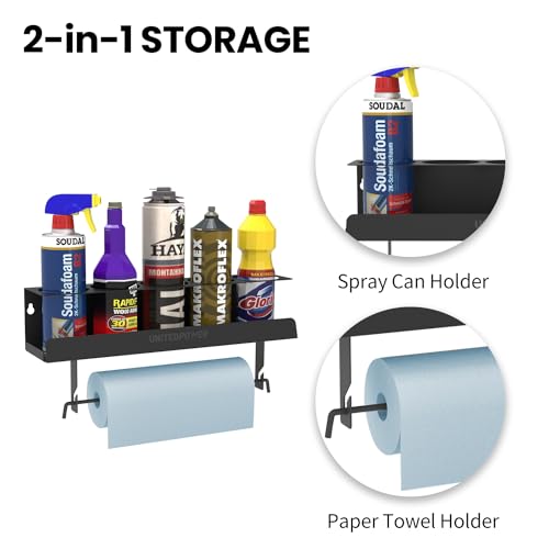 5 Aerosol Spray Can/Paper Towel Holder, Paint Bottle Storage Rack, Steel Wall Mount Shelf, Tool Organizer for Garage, Craft Workspace and Home - view 3