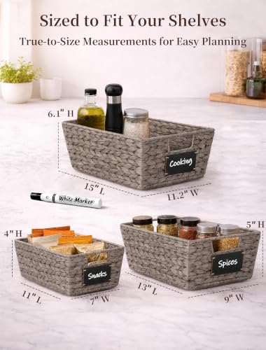 Pantry Baskets, 3 Pack Wicker Storage Baskets for Shelves, Gray - view 2