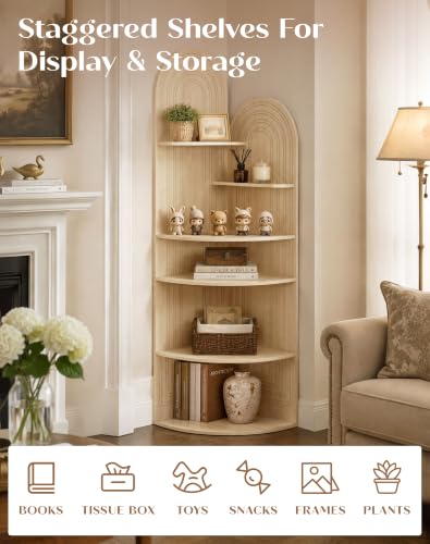 6 Tier Corner Shelf, 60.2" Arched Display Corner Bookshelf, Oak - view 4