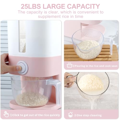 22.5-25 Lbs Pink Rice Dispenser, Rice Storage Container, Pink Rice Storage Container with Measuring Cup, Rice Holder Bucket for Household Kitchen Rice Soybean Corn - view 3