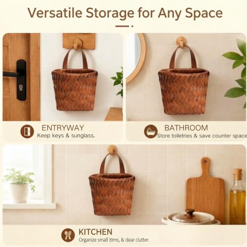 Wall Hanging Storage Baskets, Faux Rattan Woven Bins with Leather Handles - view 2