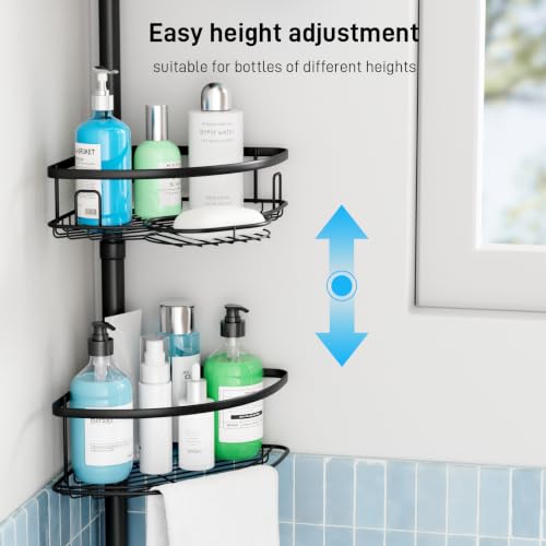 Corner Tension Pole Shower Caddy, 4 Tier Rustproof Shower Tension Rod Organizer with Soap Holder & Hooks, Adjustable 33-125 Inch Bathroom Shelf for Renters - Family Stand Storage Rack, Black - view 4