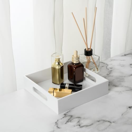 White Sturdy Acrylic Tray with Handles-8x8 Inch- Countertop Organizer Tray for Kitchen,Bathroom,Office- Storage Box for Cosmetics, Jewelry,Toiletries,Toy,Gadgets - view 3