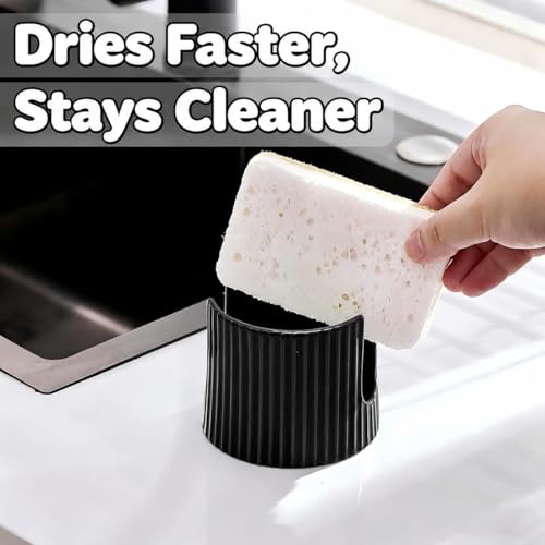 Ceramic Sponge Holder for Kitchen Sink, Quick Dry Sink Caddy Organizer with Non-Slip Base, Farmhouse Sponge and Brush Holder for Countertop, Bathroom or Kitchen, Black - view 4