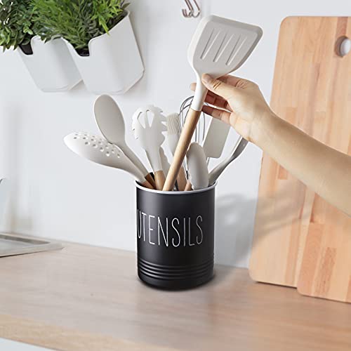 Kitchen Utensil Holder, 6.7" Utensil Holder for Kitchen Counter, Cooking Utensil Crock with Cork Bottom, Modern Farmhouse Decor, Countertop Utensil Storage Organizer Caddy, Black - view 7