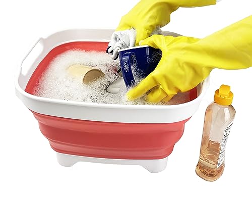 7.5L (2 gallons) Collapsible Plastic Dishpan with Draining Plug - Portable Washing Basin - Foldable Dish Washing Tub - Pop Up Saving (White/Coral Pink, 1) - view 5