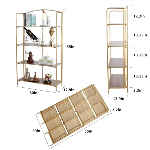 4-Tier Wider Foldable Bookshelf, Gold Frame & Walnut Shelves - view 3