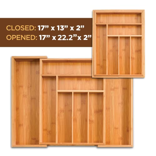 Bamboo Drawer Organizer - 8 Compartment Expandable Silverware Organizer and Utensil Holder, 17 Inch Long, 13 to 22 Inch Wide, 2 Inch Deep Kitchen Cutlery Tray Insert for Flatware Knives Large Utensils - view 2