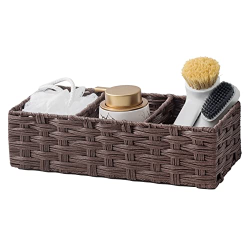 Toilet Tank Topper Paper Basket Multiuse Hand Woven Plastic Wicker Basket Bins with Divider for Shelves Rustic Farmhouse Bathroom Decor Countertop Organizer Storage