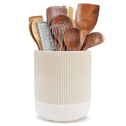 Kitchen Utensils Holder Large,Ceramic Utensil Organizer for Countertop,Morden Utensil Crock for Spoon Spatula,Home Kitchen Decor (Light Coffee)