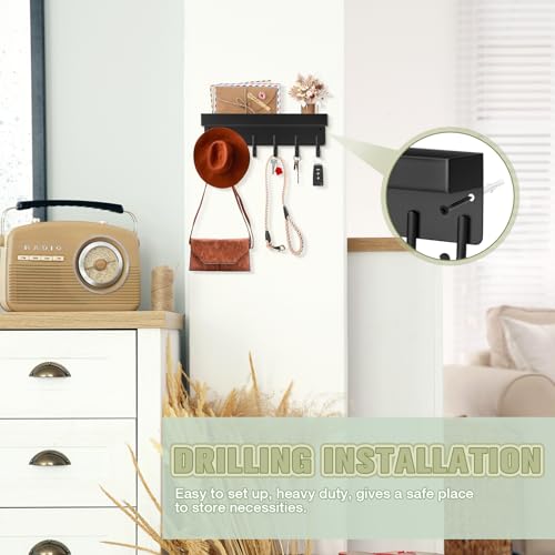 Key Holder Wall Mount, Magnetic Key Rack with Tray, 6 Hooks, Black - view 4