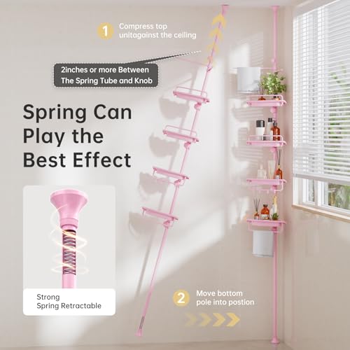 Corner Shower Caddy, 4 Tier Adjustable Tension Rod Shower Caddy, Pink - view 7