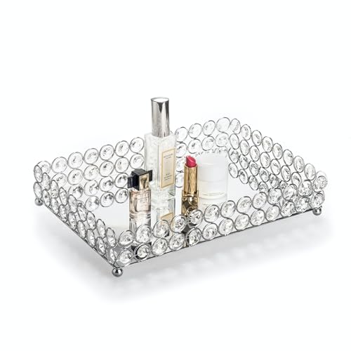 Crystal Vanity Makeup Perfume Tray Ornate Jewelry Trinket Organizer Cosmetic Decorative Tray Skin Care Storage for Home Dressing Table Wedding Decoration(Rectangle 12" x 8")