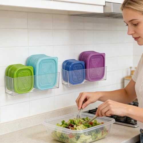 2 Pack Kitchen Cabinet Door Organizer, Lid Organizer Inside Cabinet Wall Mounted Plastic Storage Box Stackable Under Sink Lunchbox Lid Container for Kitchen Bathroom Office Organization - view 6