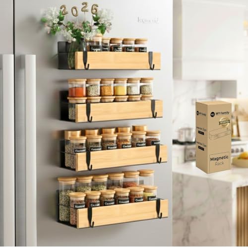 (4 Pack) Magnetic Spice Storage Rack Organizer for Refrigerator and Oven, Real Bamboo, 4 Strong Magnetic Shelf, Black Fridge Storage, Spice Rack Organizer, high quality metal