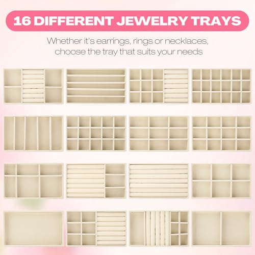 16 Pcs Jewelry Trays, Velvet Stackable Organizers, Beige Beige - view 6