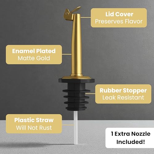 The Oil Library | Glass Oil & Vinegar Bottles with 100% Acacia Wood Stand | 4 Containers, 5 Gold Nozzles & 35 Stain-Resistant Labels | Countertop Display Set - view 5