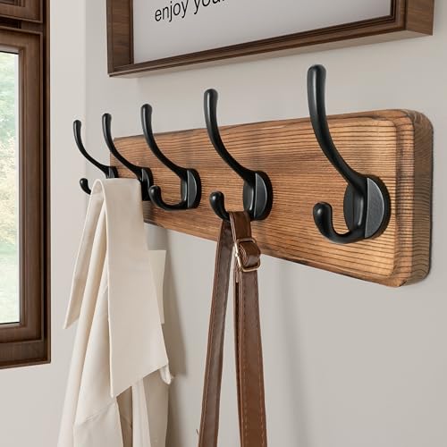 Rustic Coat Rack Wall Mount, 5 Hooks, 17 Inch, Solid Wood, Brown - view 2