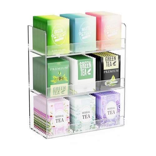 Acrylic Tea Bag Organizer, 3 Layers Tea Bag Holder for Tea Packets, No Assembly Required, Wall Mount Display Tea Caddy for Countertop or Cabinet, 9 Slots, Clear