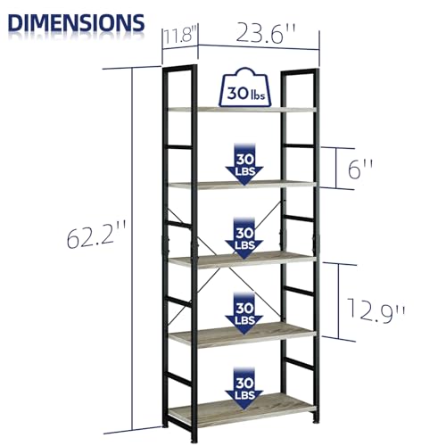 5 Tier Bookshelf, Tall Freestanding Open Storage Bookcase, Grey - view 3