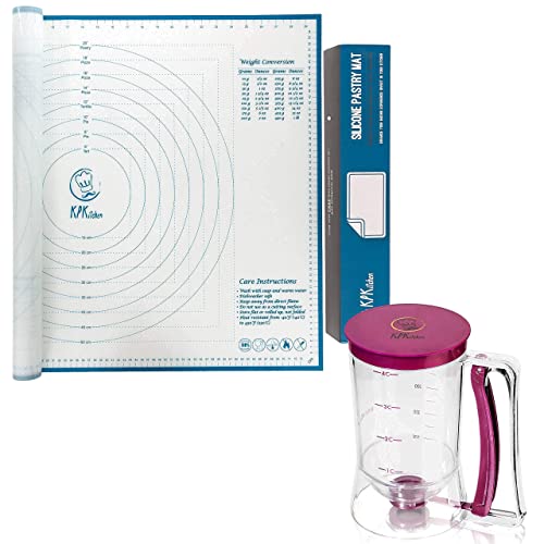 Pancake Batter Dispenser and Silicone Pastry Mat - Perfect Baking Tool for Cupcakes, Waffles, Crepes, Cake or Any Baked Goods - Extra Large Baking Mat For Rolling Out Dough - 100% Silicone